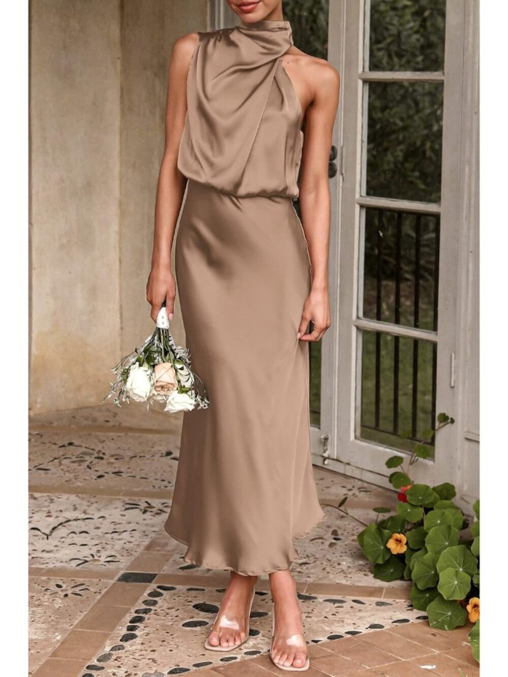 Women's Champagne Summer Satin Elegant Sleeveless Mock Neck Cocktail Maxi Dress - Picture 4 of 6